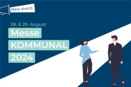 Zwei menschen die sich unterhalten stellen Symtrax mit Kunden auf der Messe da. Text mit Namen der Veranstalltung sowie Datum sind eingeblendet